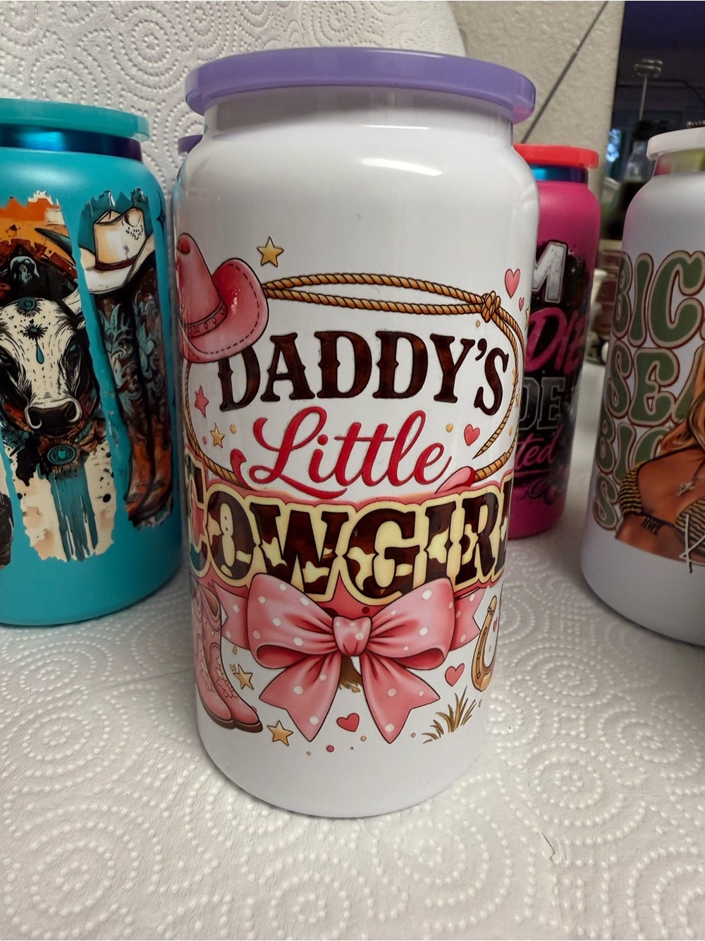 Daddy's Little Cowgirl Pink & White Can Tumbler